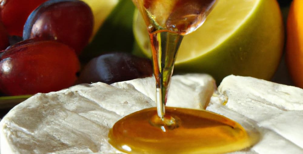 Brie cheese with honey. This image was created with the help of DALL· And 2.